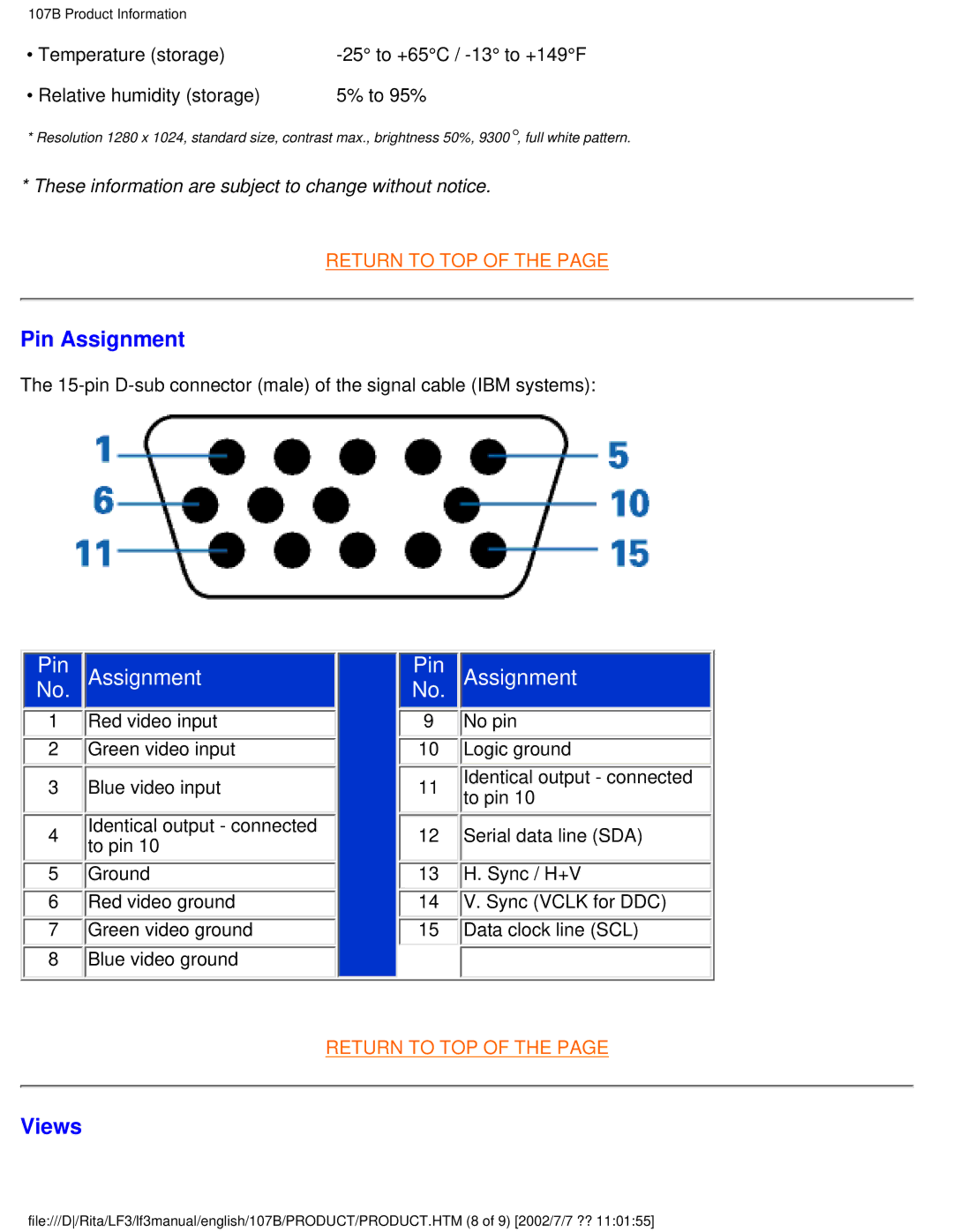 Philips 107B user manual Pin Assignment, Views 