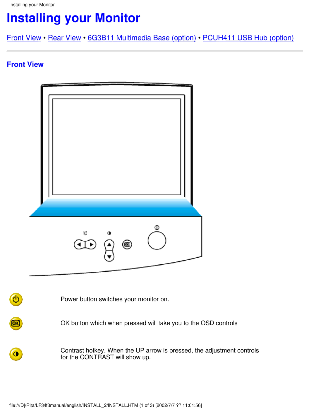 Philips 107B user manual Installing your Monitor, Front View 