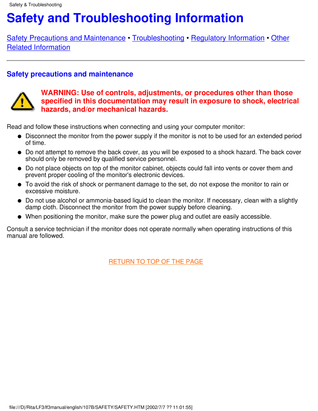 Philips 107B user manual Safety and Troubleshooting Information, Safety precautions and maintenance 