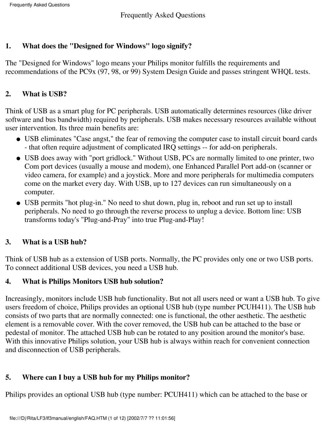 Philips 107B user manual What does the Designed for Windows logo signify?, What is USB?, What is a USB hub? 