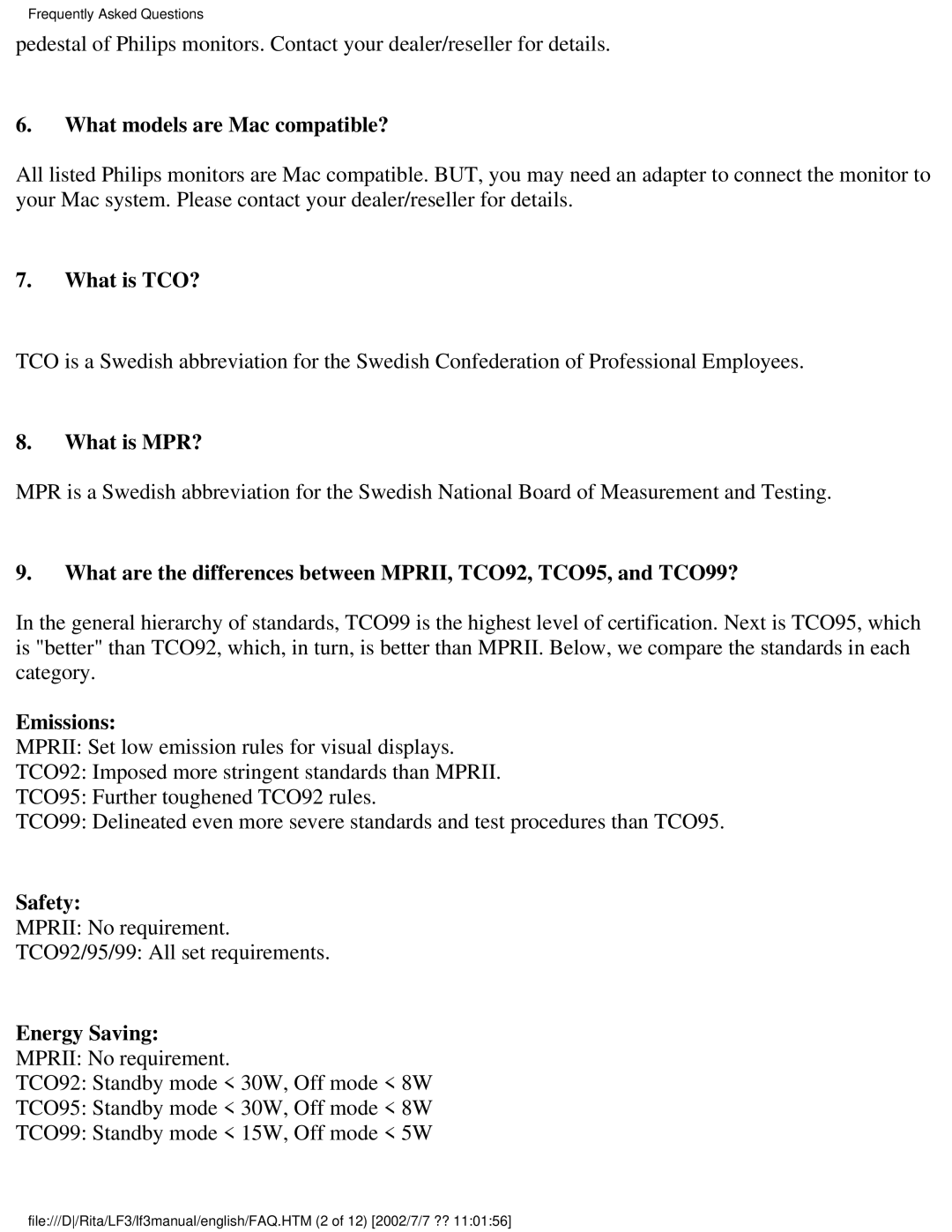 Philips 107B user manual What models are Mac compatible?, What is TCO?, What is MPR?, Emissions, Safety, Energy Saving 