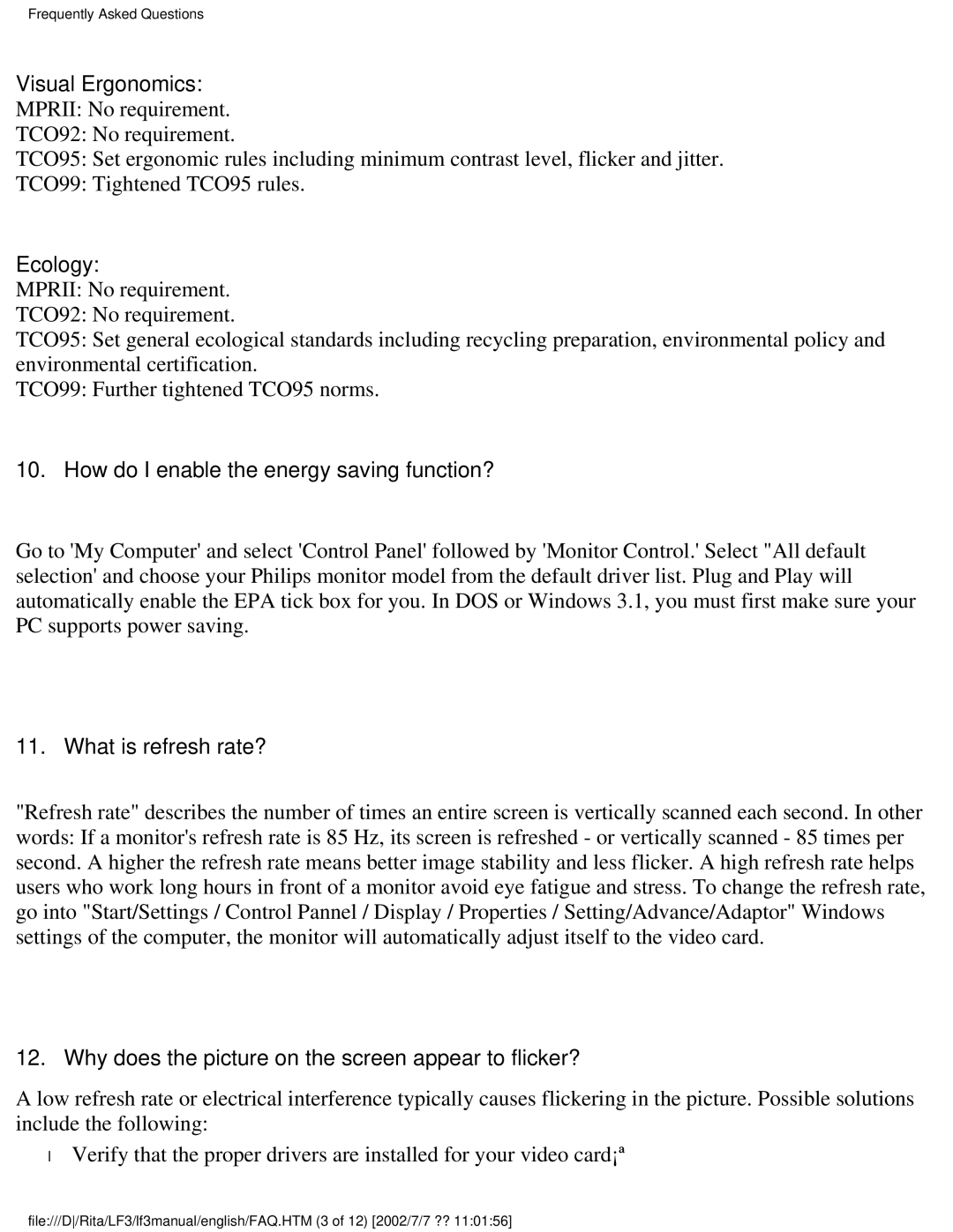 Philips 107B user manual Ecology, How do I enable the energy saving function?, What is refresh rate? 