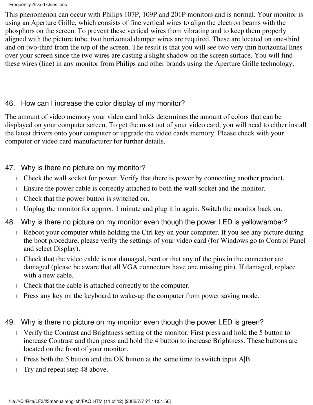 Philips 107B user manual How can I increase the color display of my monitor?, Why is there no picture on my monitor? 