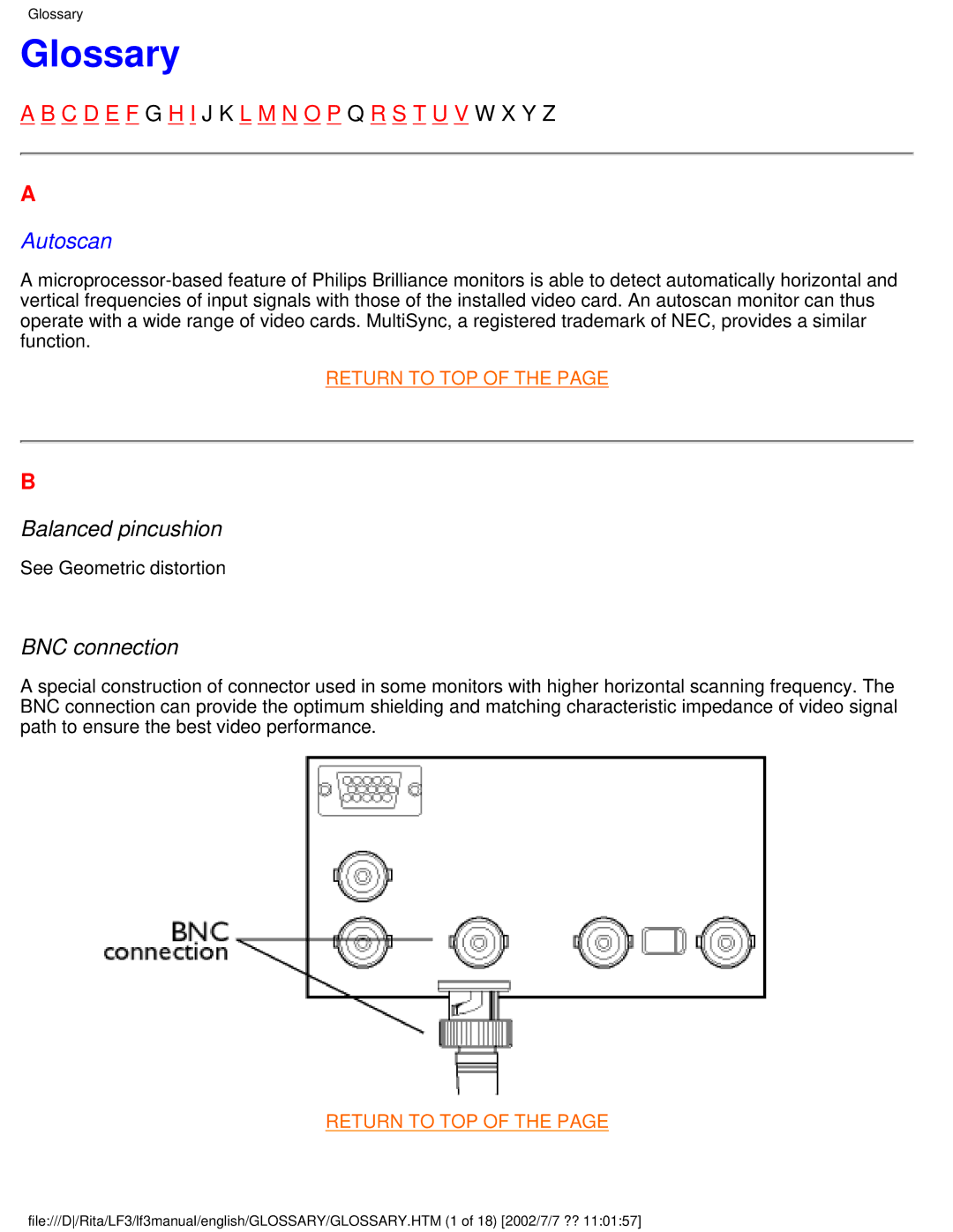 Philips 107B user manual Glossary, Balanced pincushion, BNC connection 