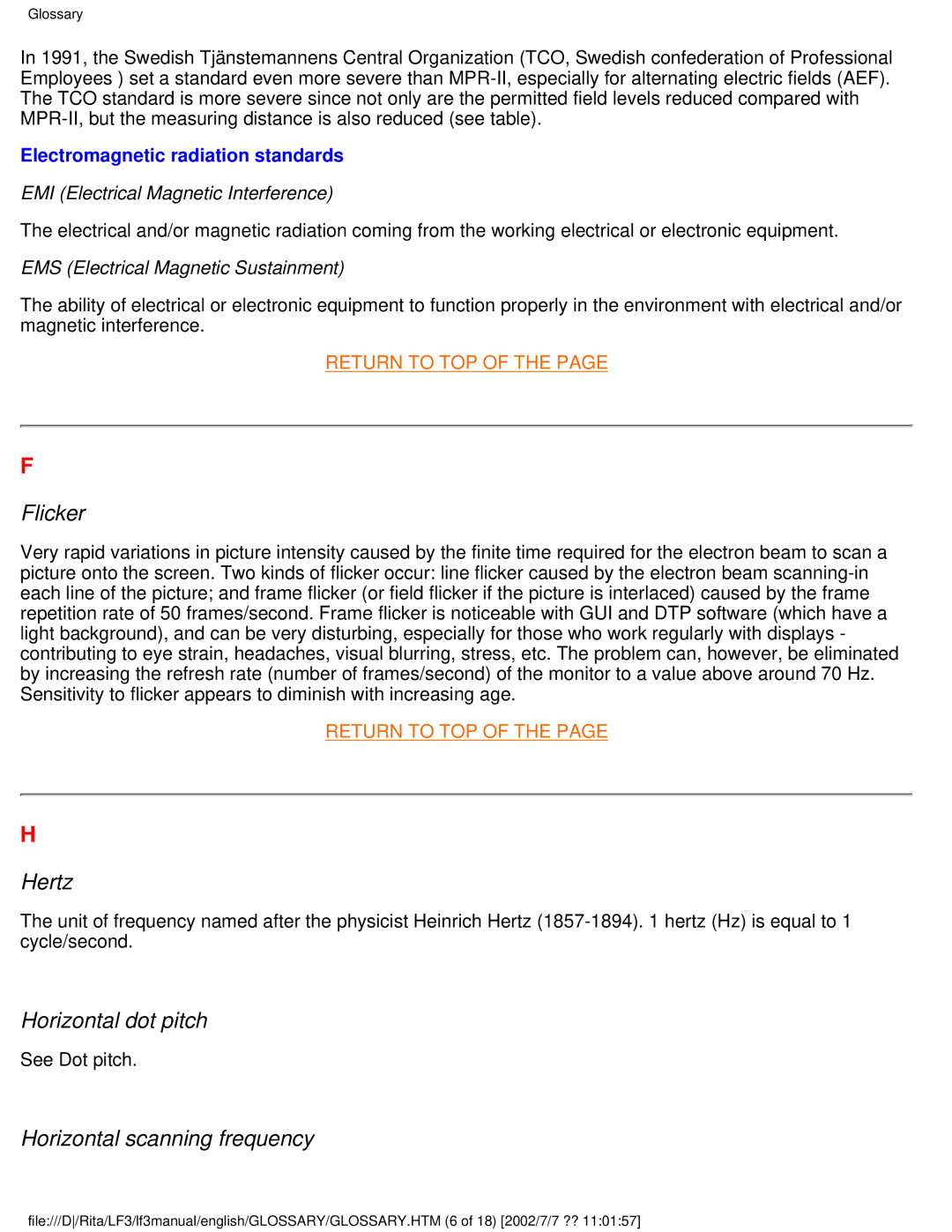 Philips 107B user manual Flicker, Hertz, Horizontal dot pitch, Horizontal scanning frequency 