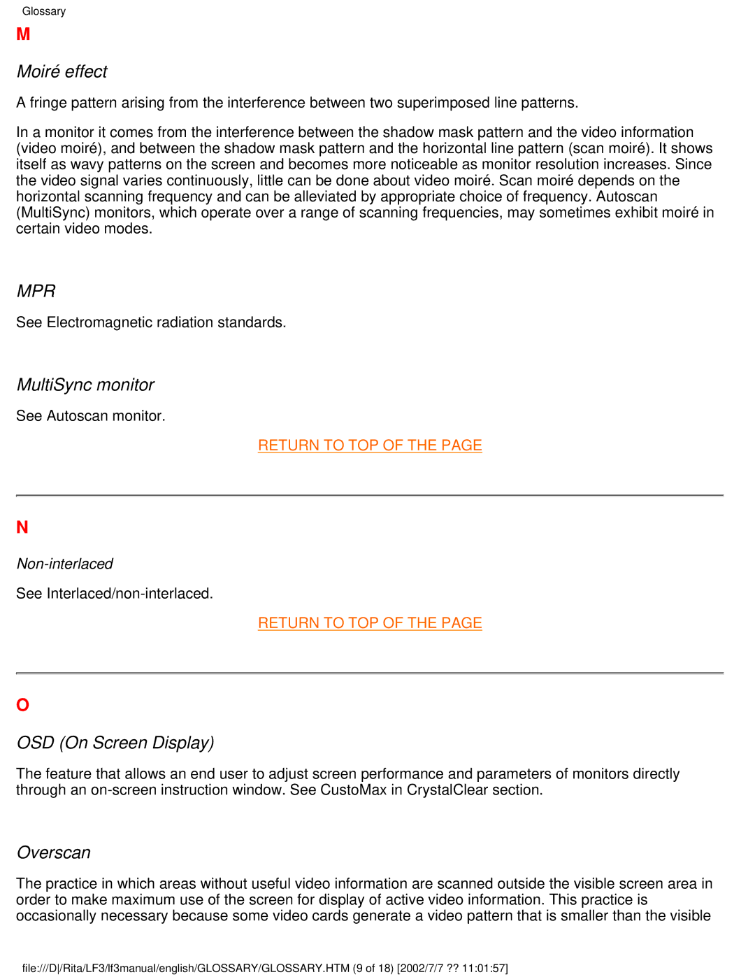 Philips 107B user manual Moiré effect, MultiSync monitor, OSD On Screen Display, Overscan 