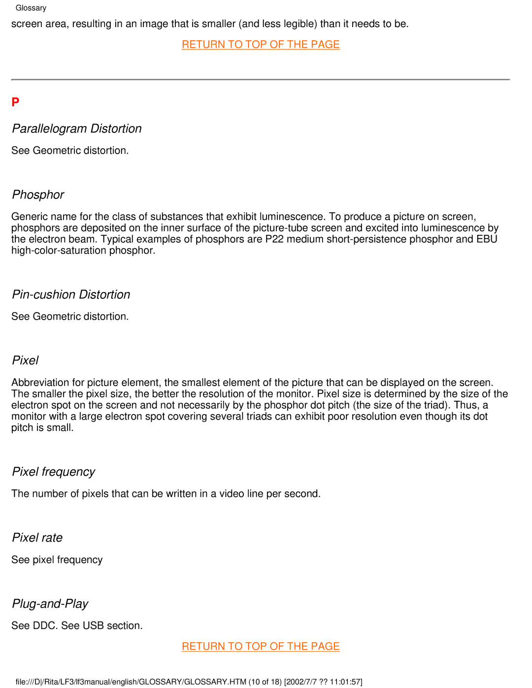 Philips 107B Parallelogram Distortion, Phosphor, Pin-cushion Distortion, Pixel frequency, Pixel rate, Plug-and-Play 