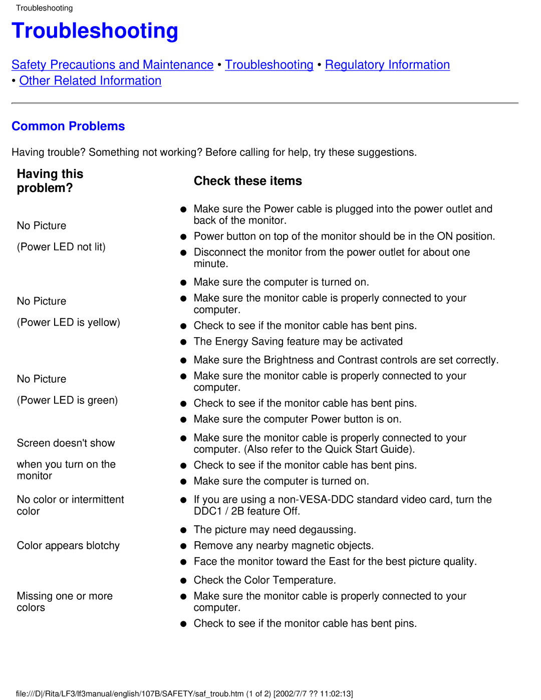 Philips 107B user manual Troubleshooting, Common Problems 