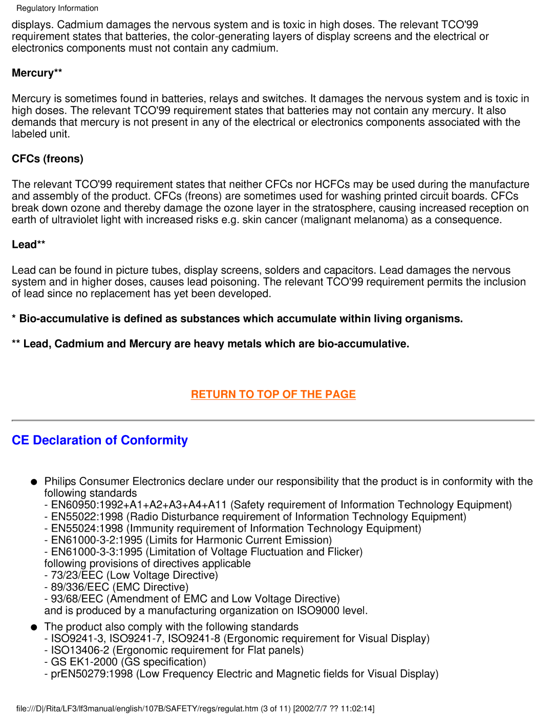 Philips 107B user manual CE Declaration of Conformity, Mercury 