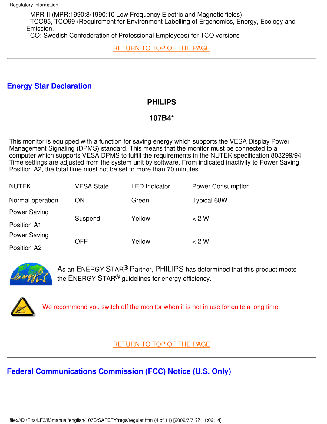 Philips 107B user manual Energy Star Declaration, Philips, Federal Communications Commission FCC Notice U.S. Only 