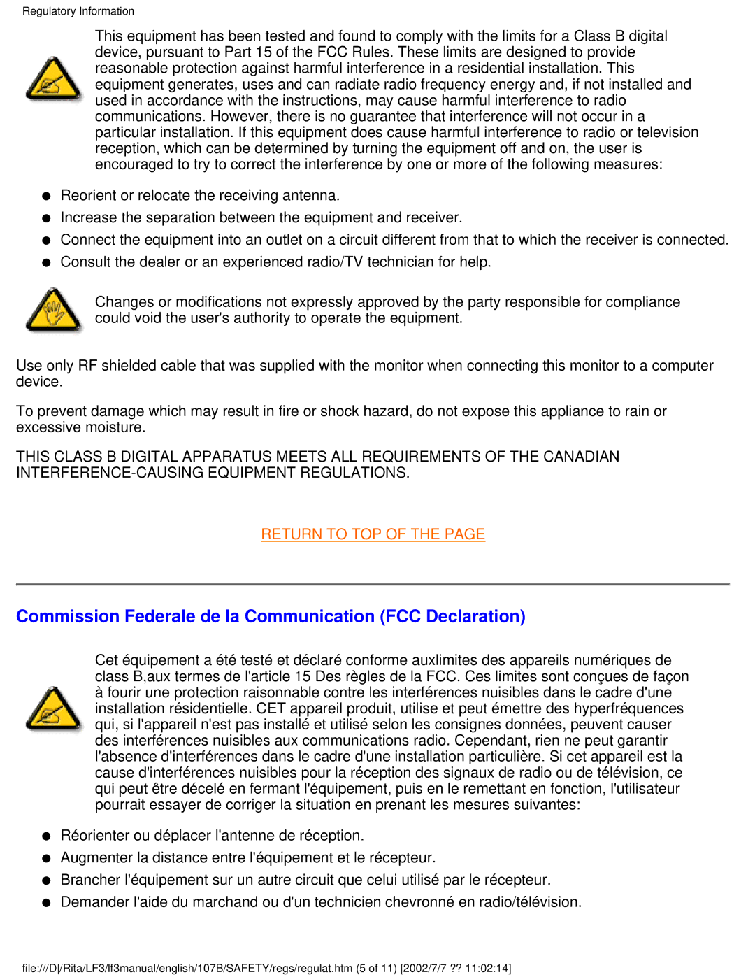 Philips 107B user manual Commission Federale de la Communication FCC Declaration 