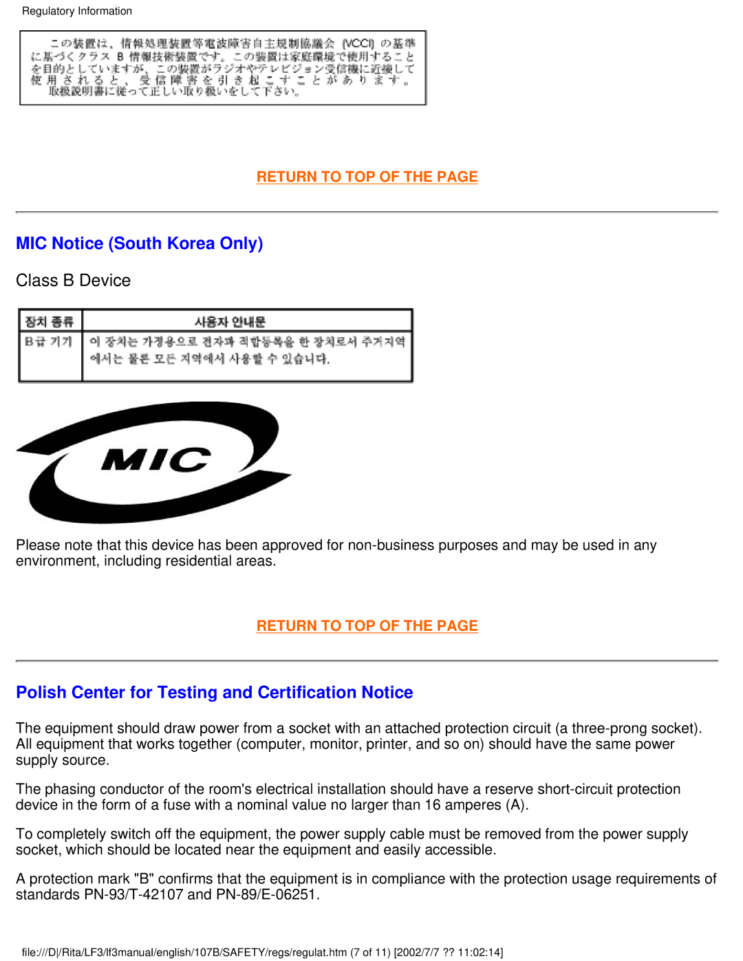 Philips 107B user manual MIC Notice South Korea Only, Polish Center for Testing and Certification Notice 