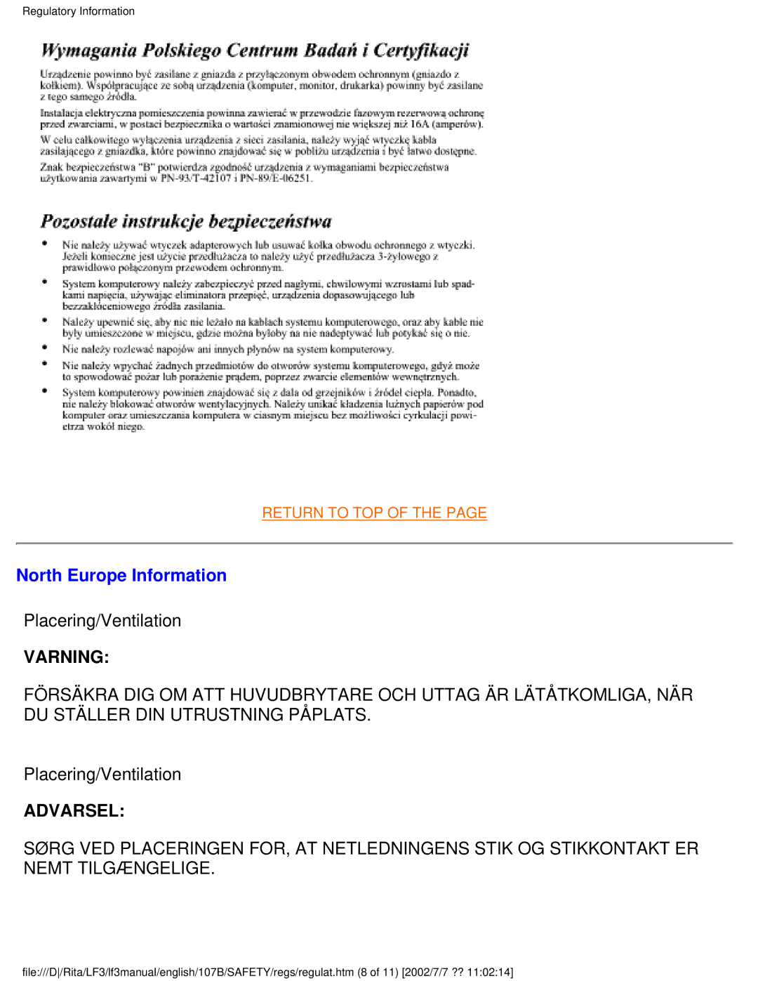 Philips 107B user manual North Europe Information, Varning 