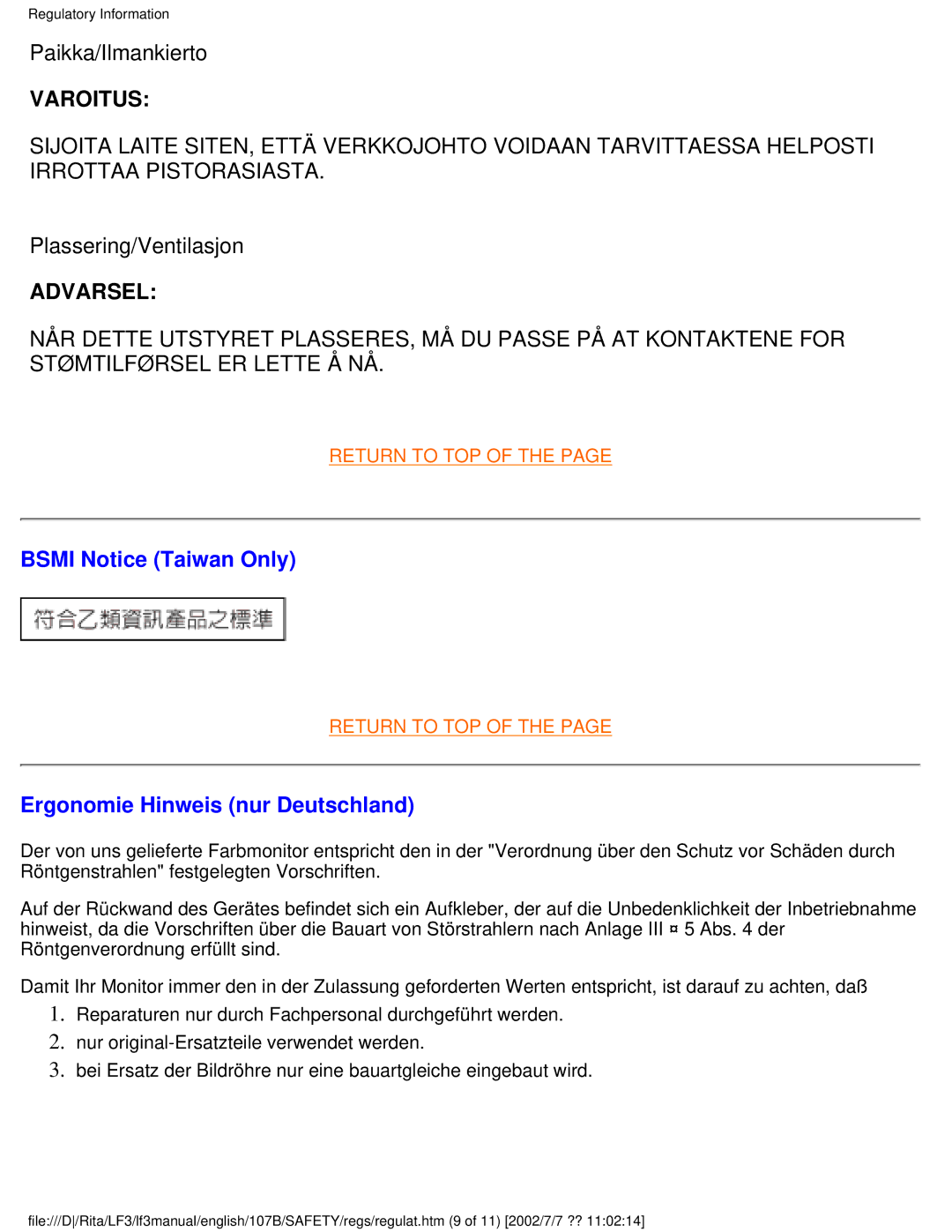 Philips 107B user manual Varoitus, Bsmi Notice Taiwan Only, Ergonomie Hinweis nur Deutschland 