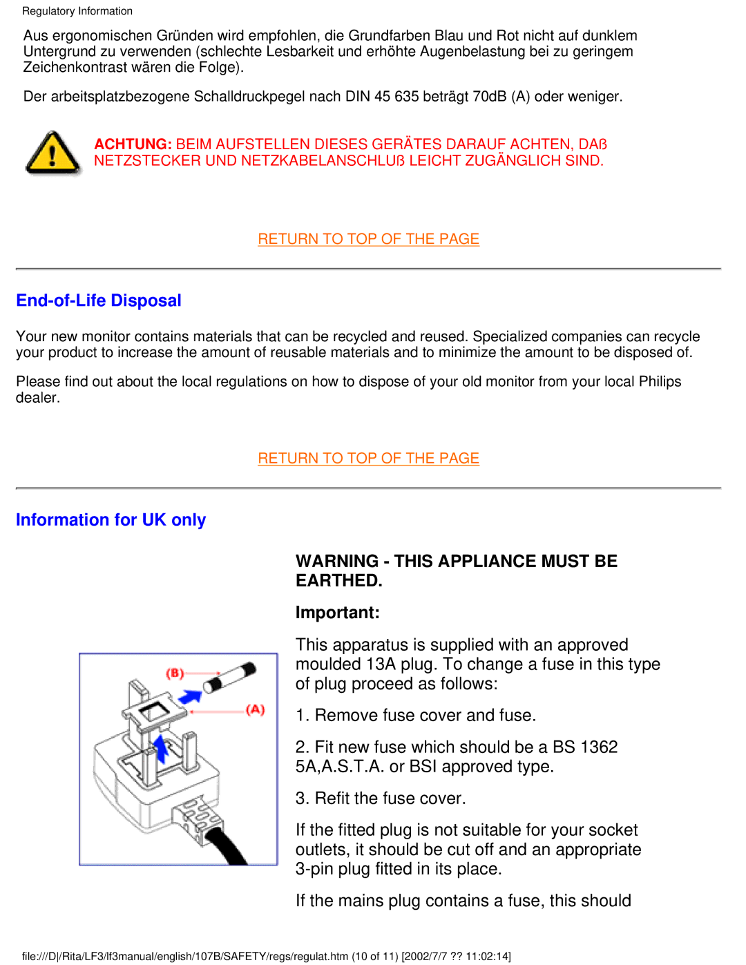 Philips 107B user manual End-of-Life Disposal, Information for UK only, Earthed 