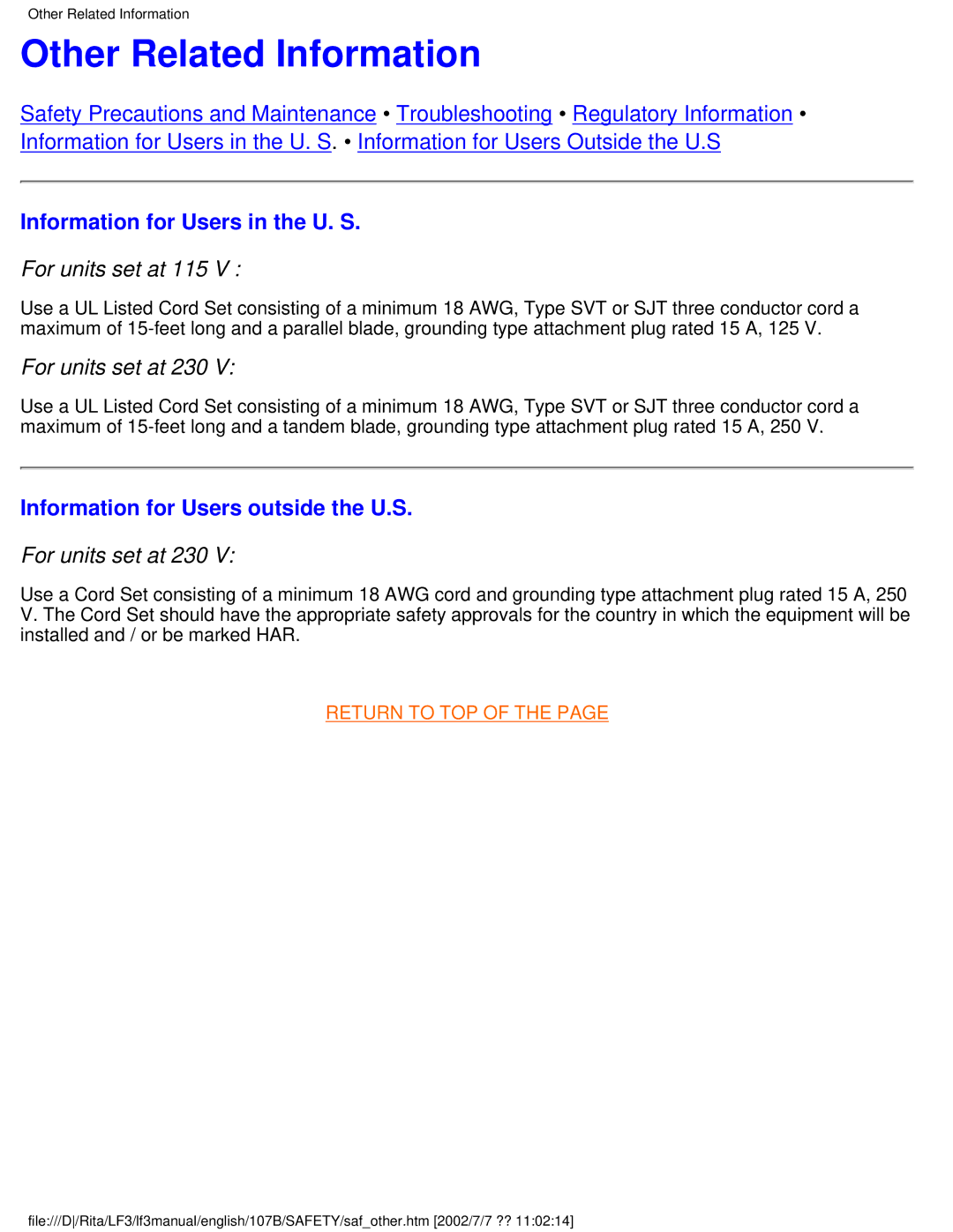 Philips 107B Other Related Information, Information for Users in the U. S, For units set at 115, For units set at 230 