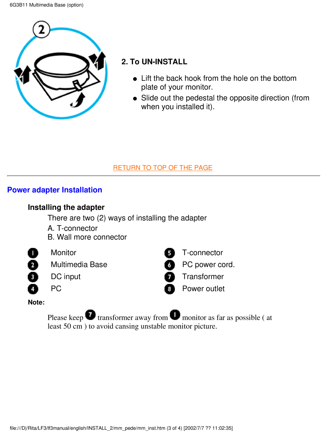 Philips 107B user manual To UN-INSTALL, Power adapter Installation 