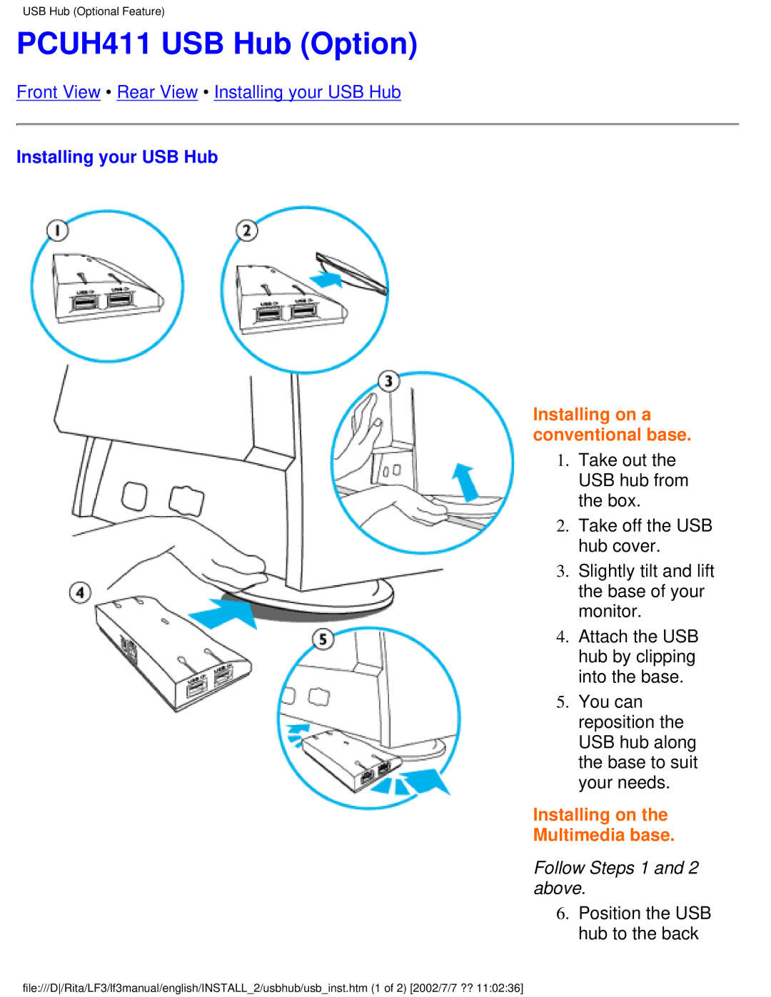 Philips 107B user manual PCUH411 USB Hub Option, Installing your USB Hub, Follow Steps 1 and 2 above 