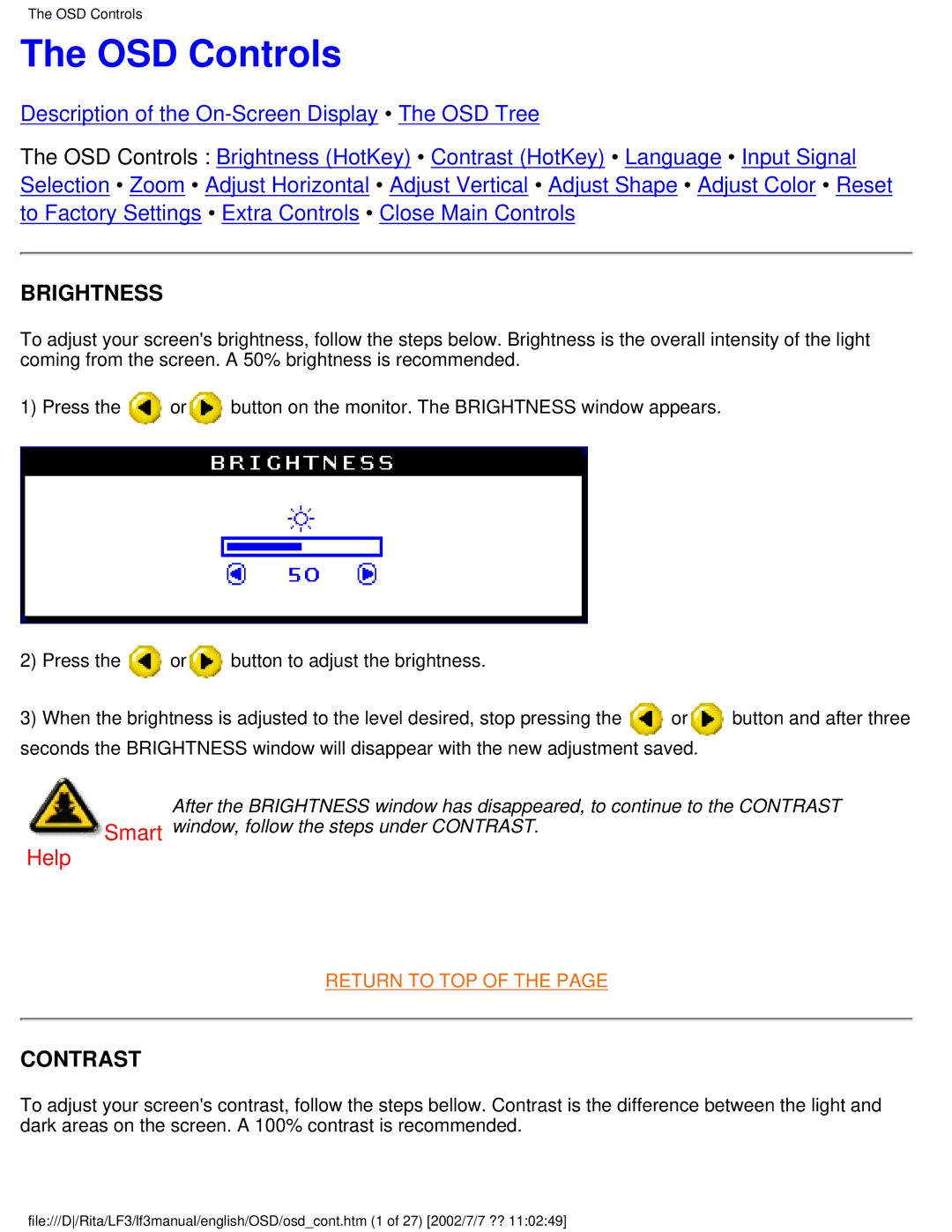 Philips 107B user manual OSD Controls, Brightness, Contrast 