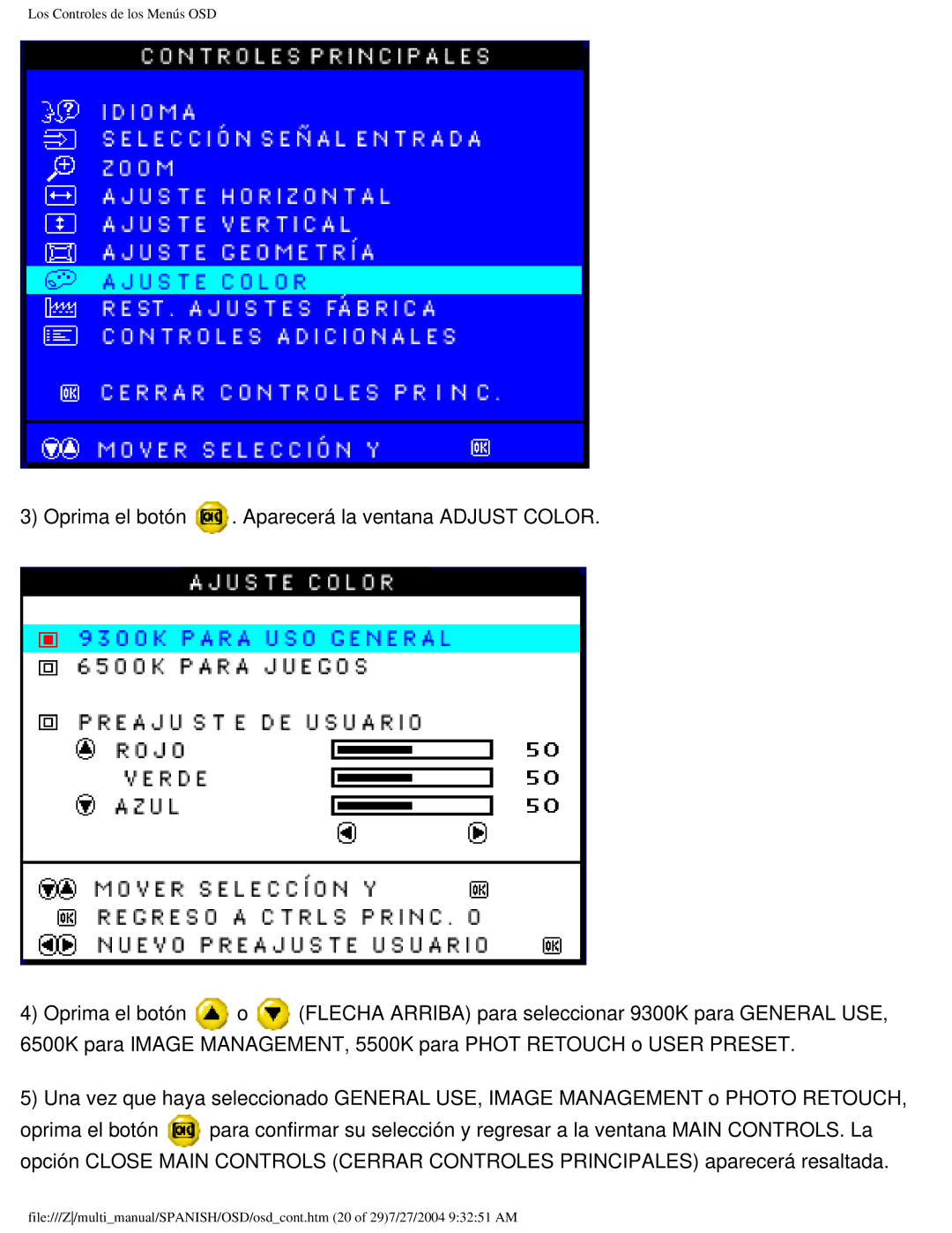 Philips 107B user manual Los Controles de los Menús OSD 