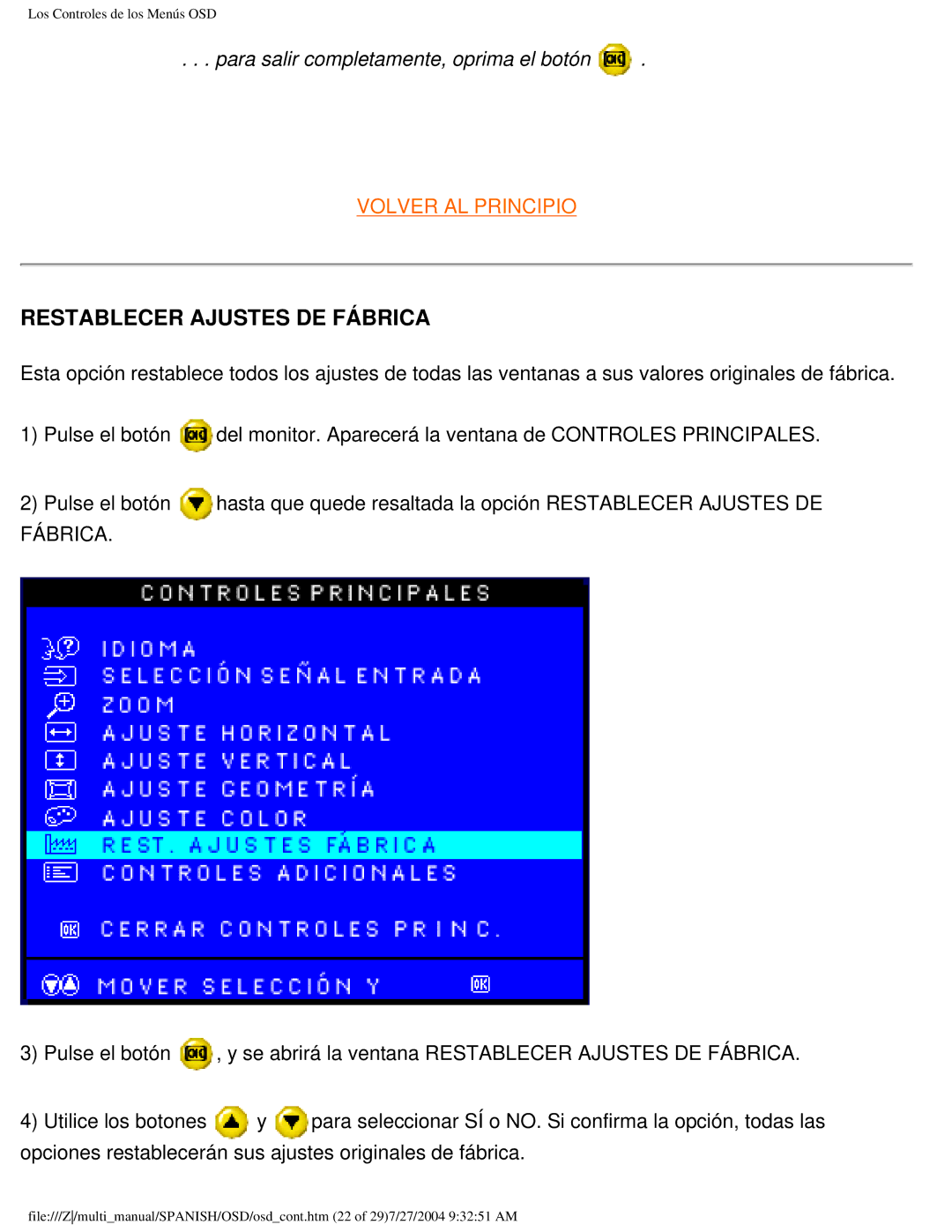 Philips 107B user manual Restablecer Ajustes DE Fábrica 