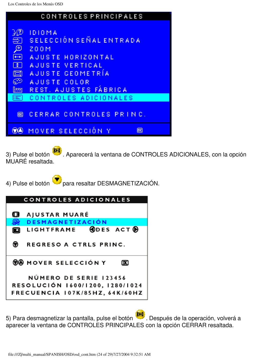 Philips 107B user manual Los Controles de los Menús OSD 