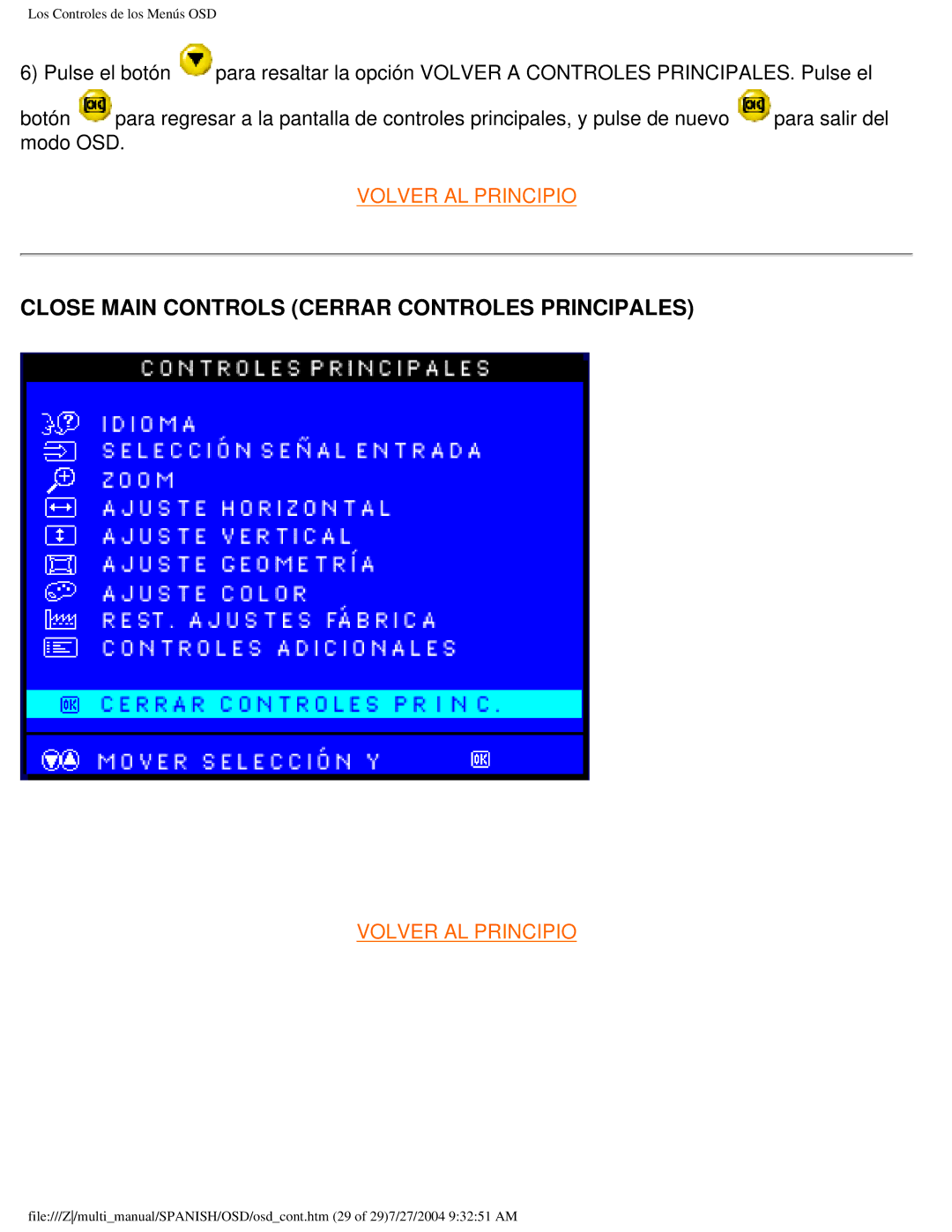 Philips 107B user manual Close Main Controls Cerrar Controles Principales 