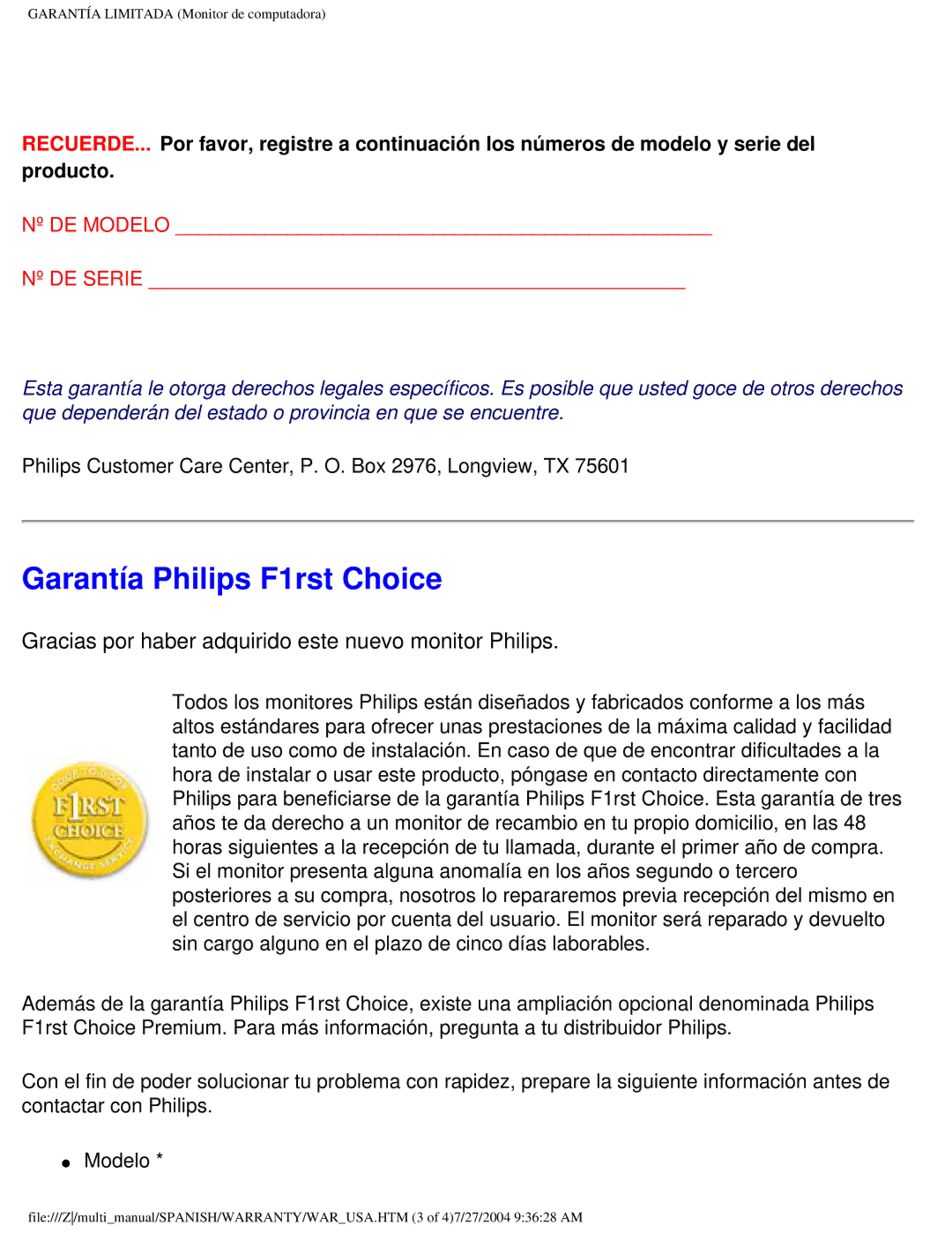 Philips 107B user manual Garantía Philips F1rst Choice 