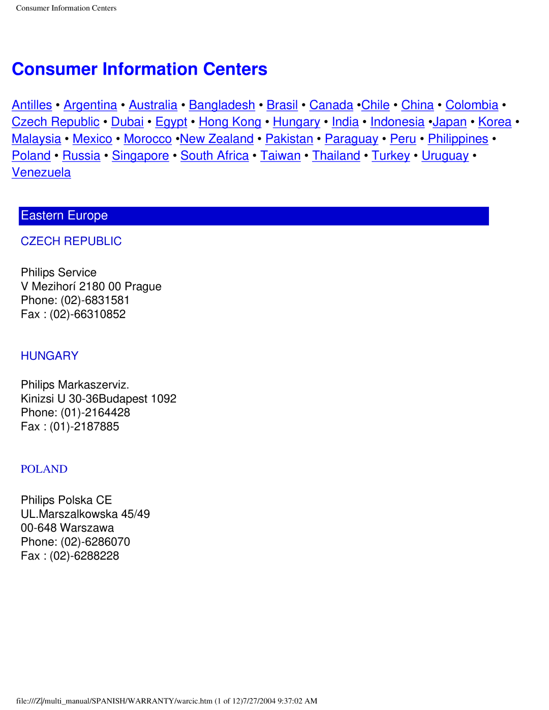 Philips 107B user manual Consumer Information Centers, Eastern Europe 