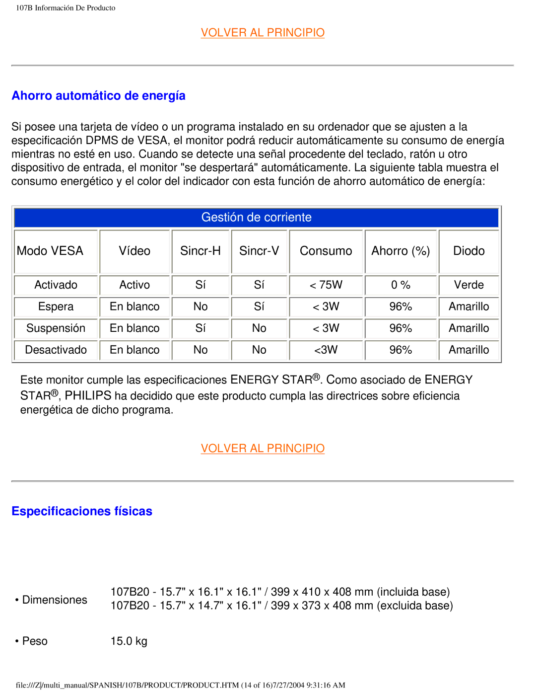 Philips 107B user manual Ahorro automático de energía, Especificaciones físicas 