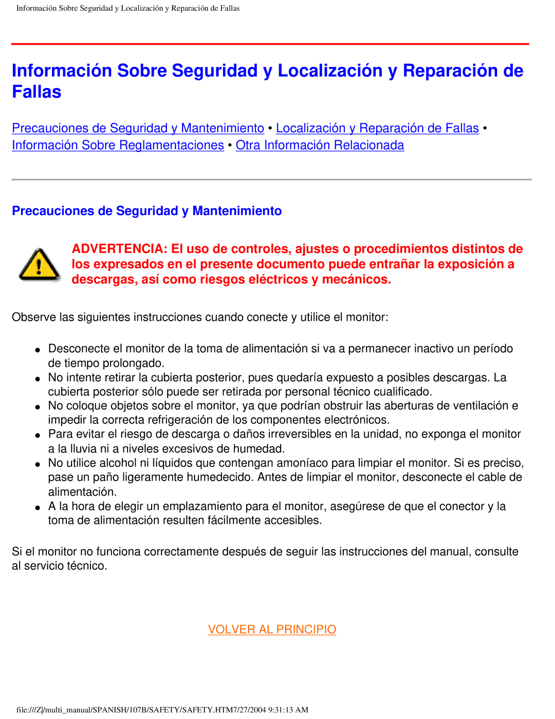 Philips 107B user manual Precauciones de Seguridad y Mantenimiento, Volver AL Principio 