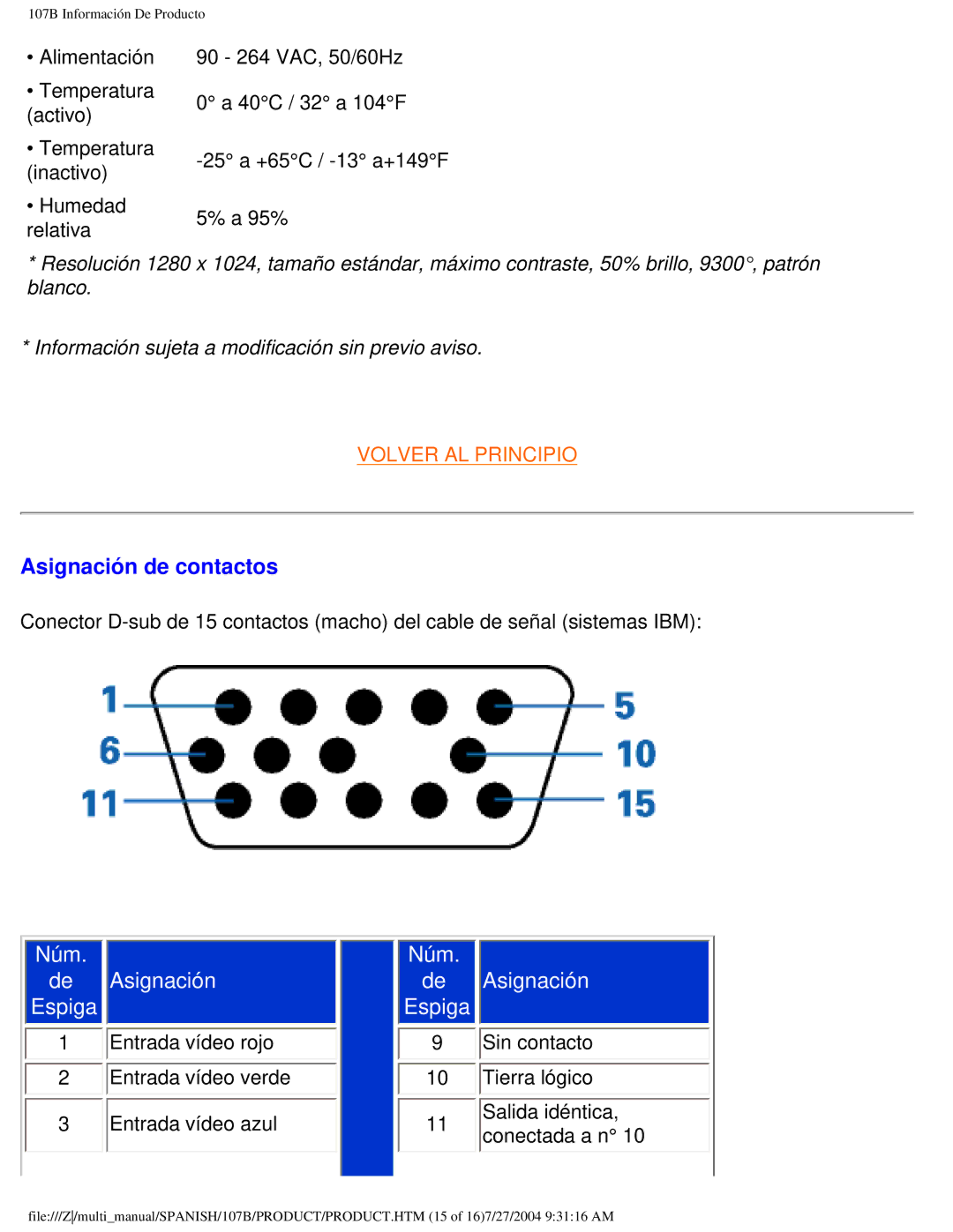 Philips 107B user manual Asignación de contactos, Espiga 