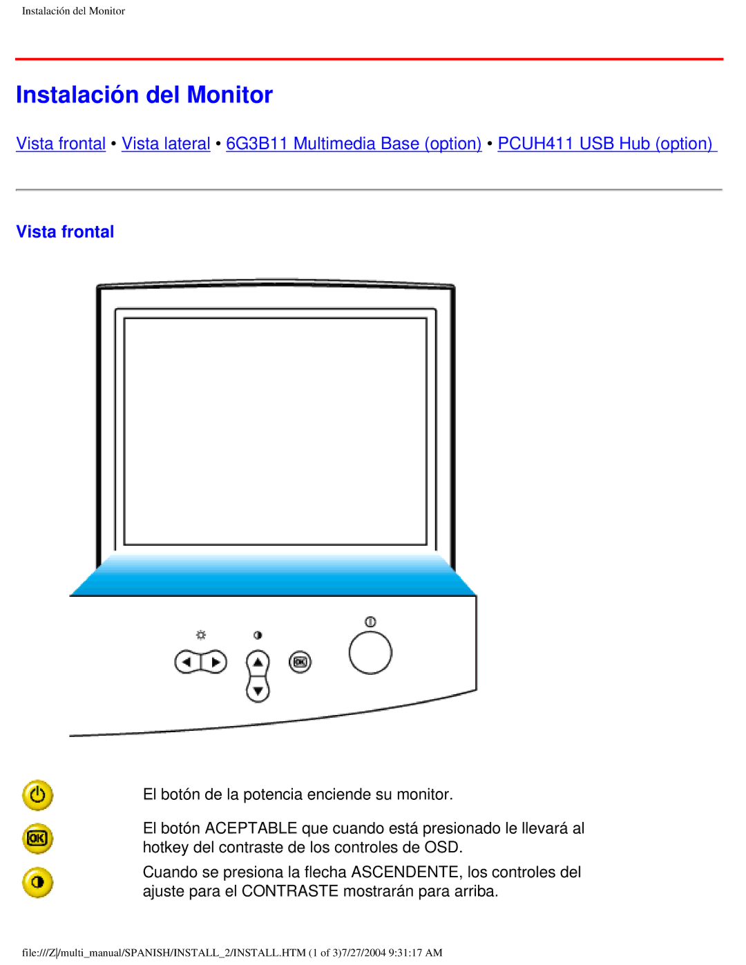 Philips 107B user manual Instalación del Monitor, Vista frontal 