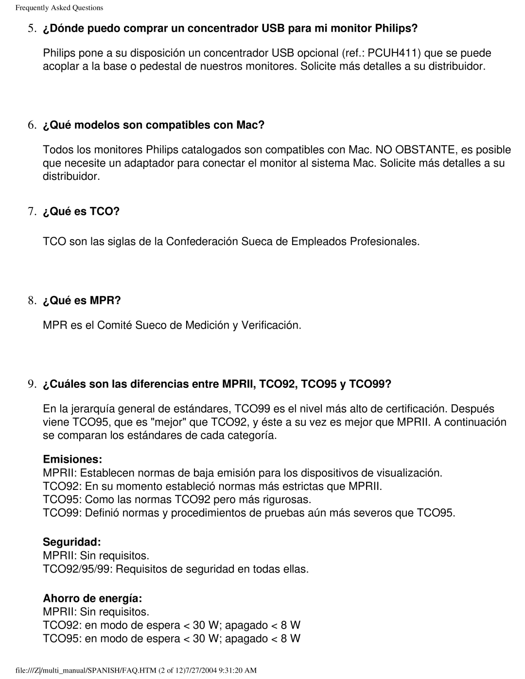 Philips 107B user manual ¿Qué modelos son compatibles con Mac?, ¿Qué es TCO?, ¿Qué es MPR?, Emisiones, Seguridad 