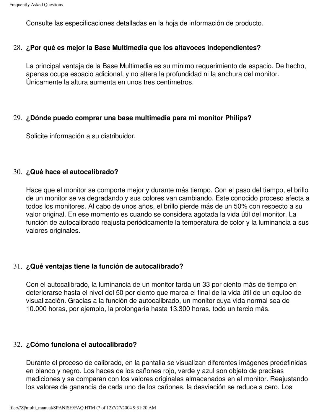 Philips 107B user manual 31. ¿Qué ventajas tiene la función de autocalibrado?, 32. ¿Cómo funciona el autocalibrado? 