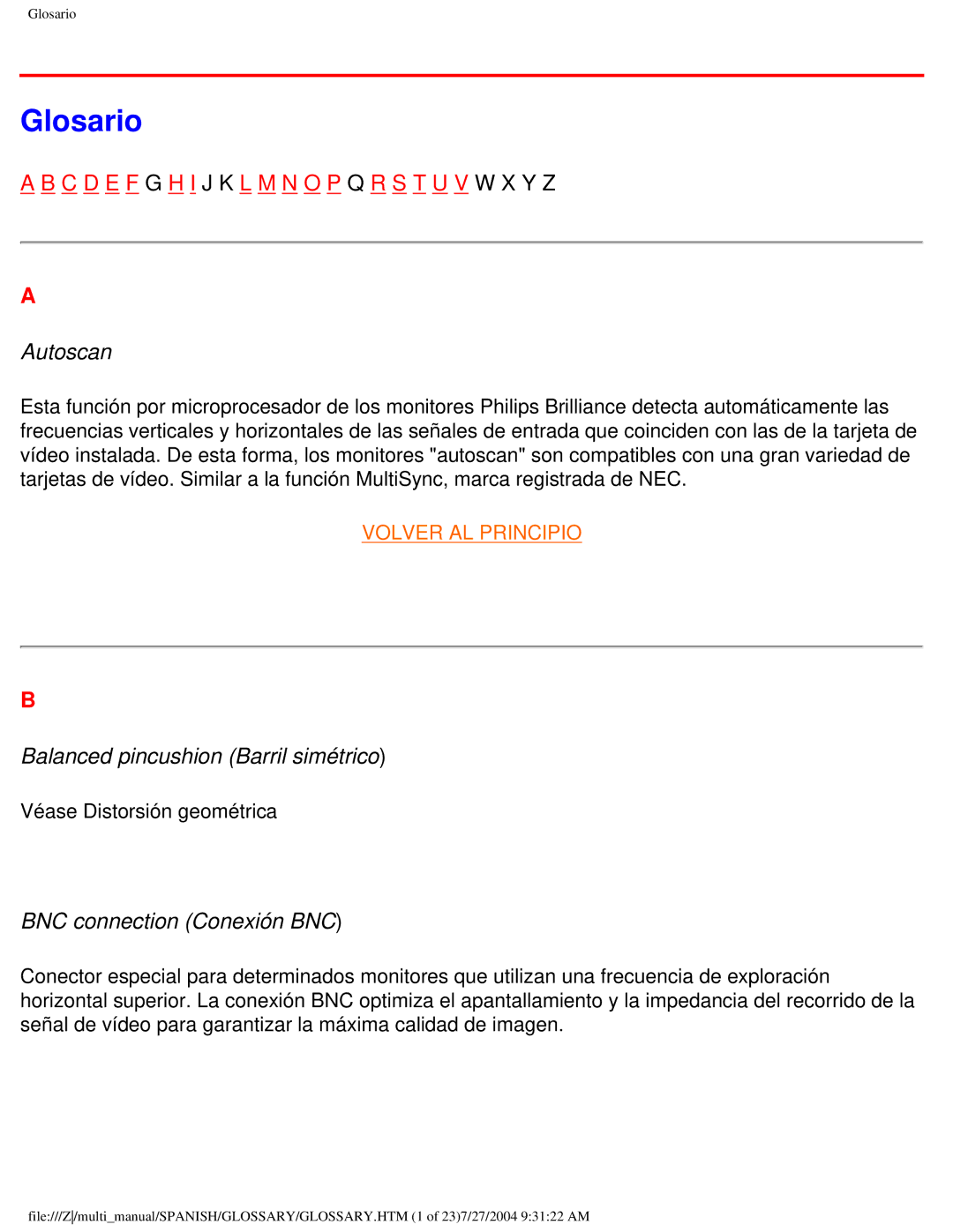 Philips 107B user manual Glosario, Autoscan, Balanced pincushion Barril simétrico, BNC connection Conexión BNC 