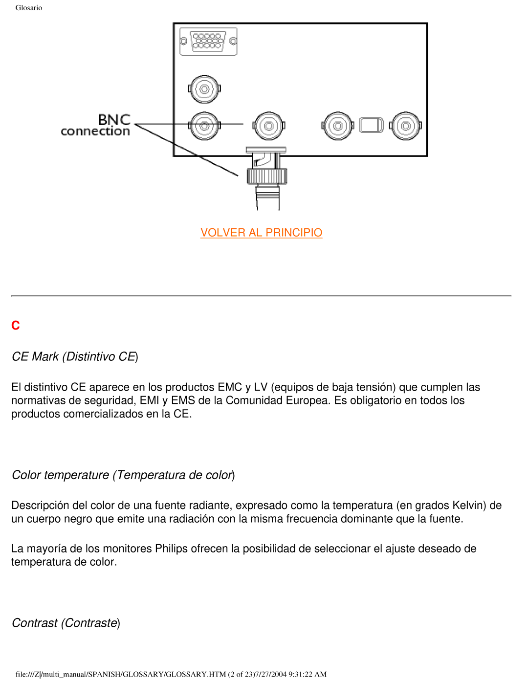 Philips 107B user manual CE Mark Distintivo CE, Color temperature Temperatura de color, Contrast Contraste 