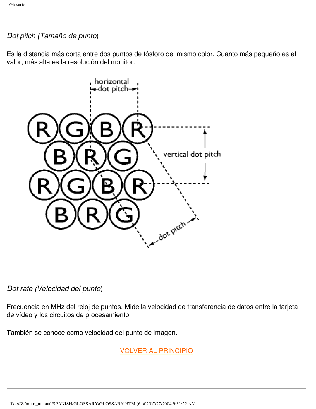 Philips 107B user manual Dot pitch Tamaño de punto, Dot rate Velocidad del punto 