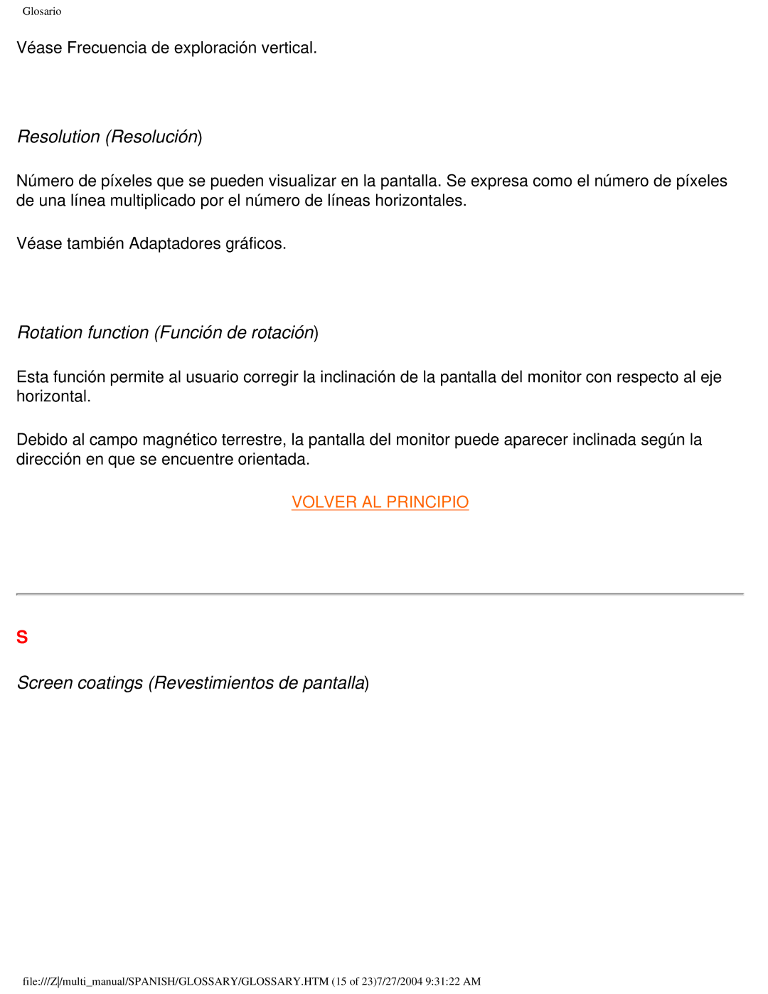 Philips 107B Resolution Resolución, Rotation function Función de rotación, Screen coatings Revestimientos de pantalla 