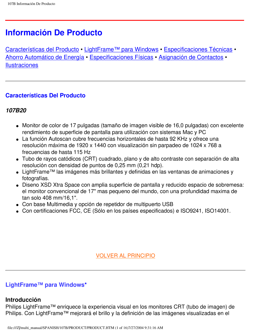 Philips 107B user manual Información De Producto, Características Del Producto 