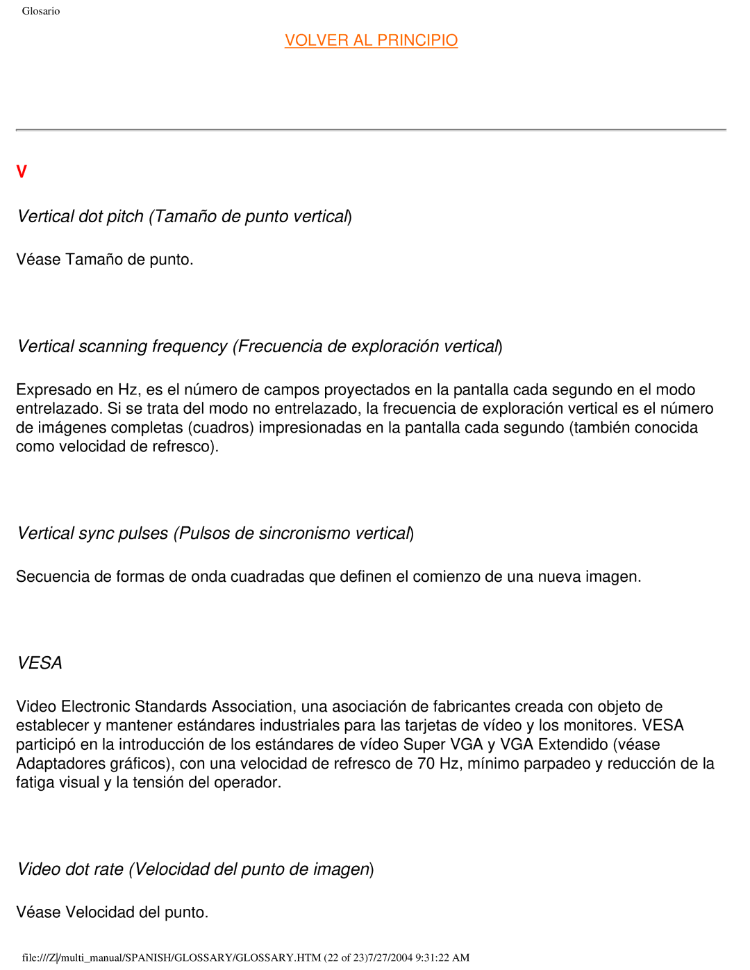 Philips 107B user manual Vertical dot pitch Tamaño de punto vertical, Vertical sync pulses Pulsos de sincronismo vertical 