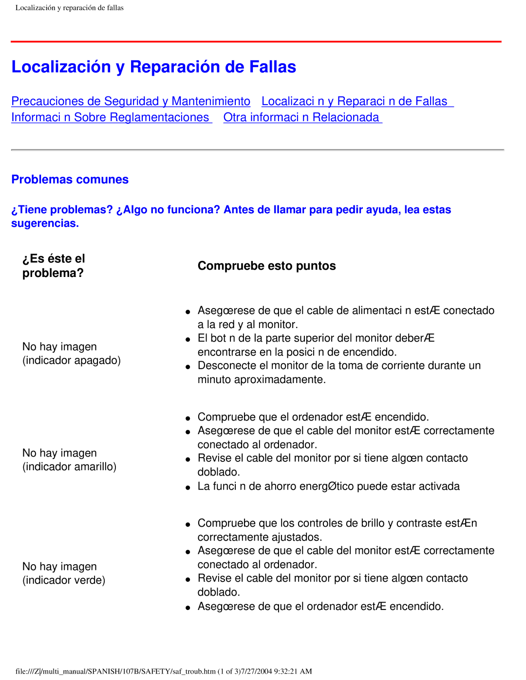 Philips 107B user manual Localización y Reparación de Fallas, Problemas comunes 