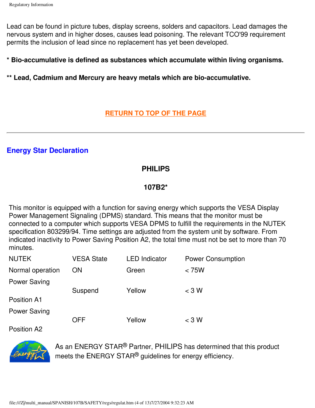 Philips 107B user manual Energy Star Declaration, Philips 