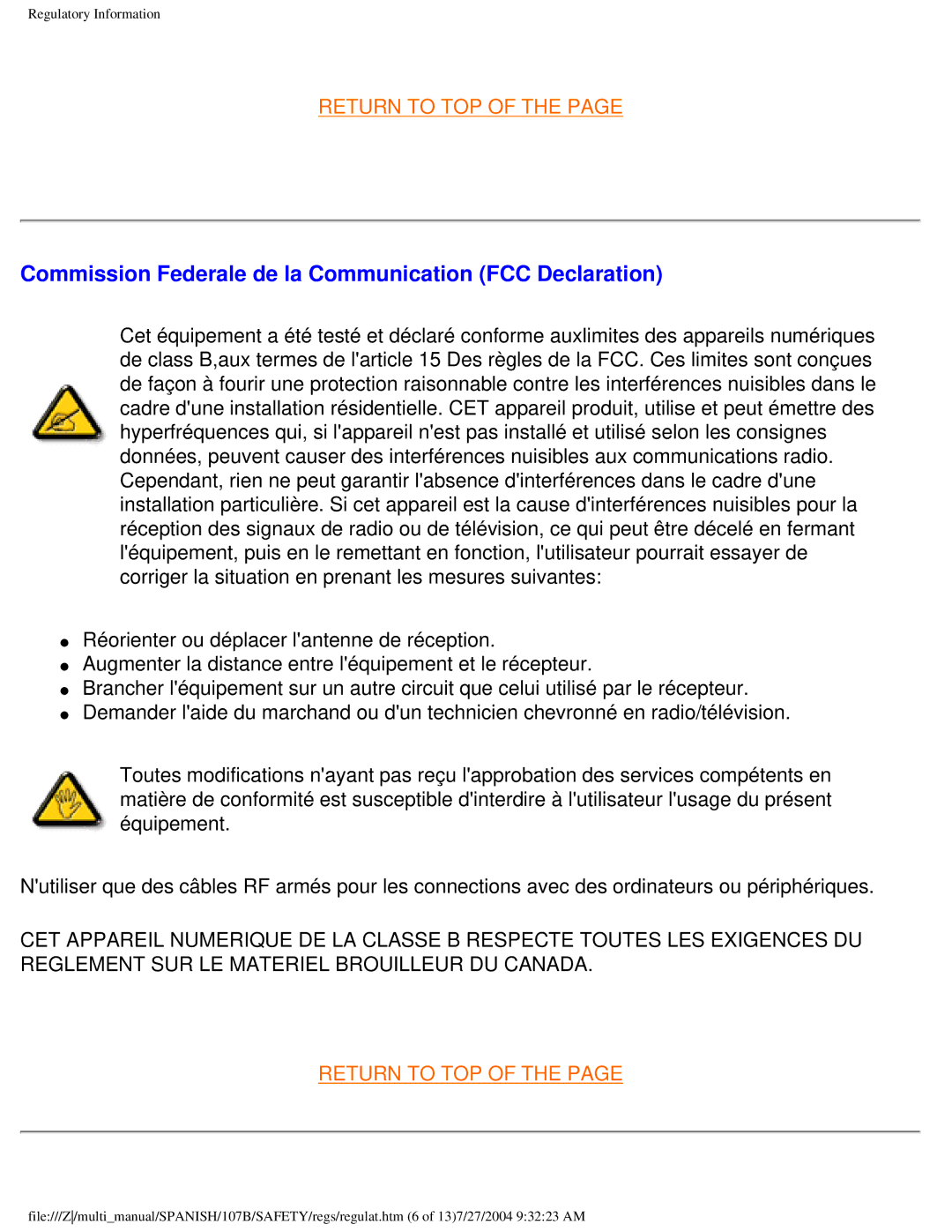 Philips 107B user manual Commission Federale de la Communication FCC Declaration 