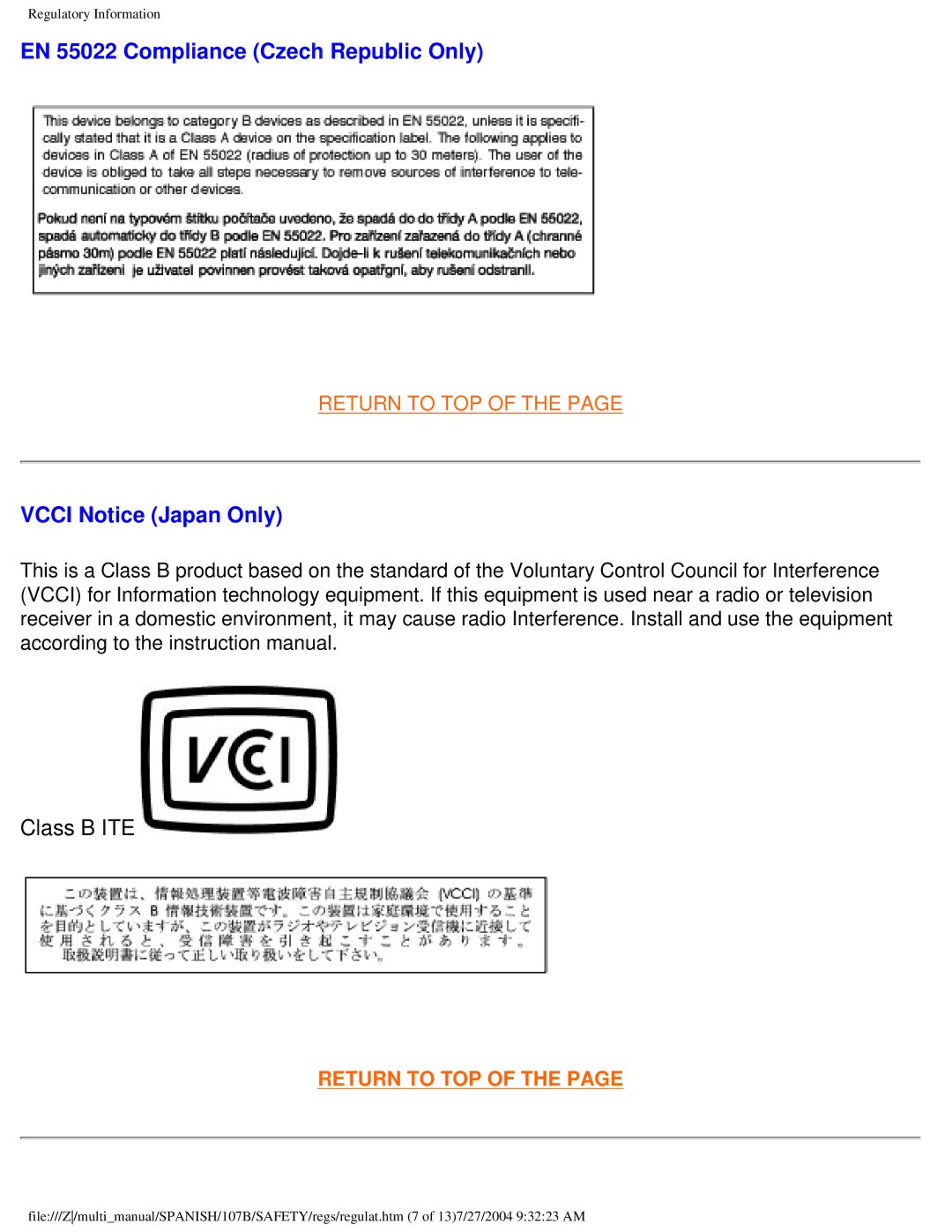 Philips 107B user manual EN 55022 Compliance Czech Republic Only, Vcci Notice Japan Only 