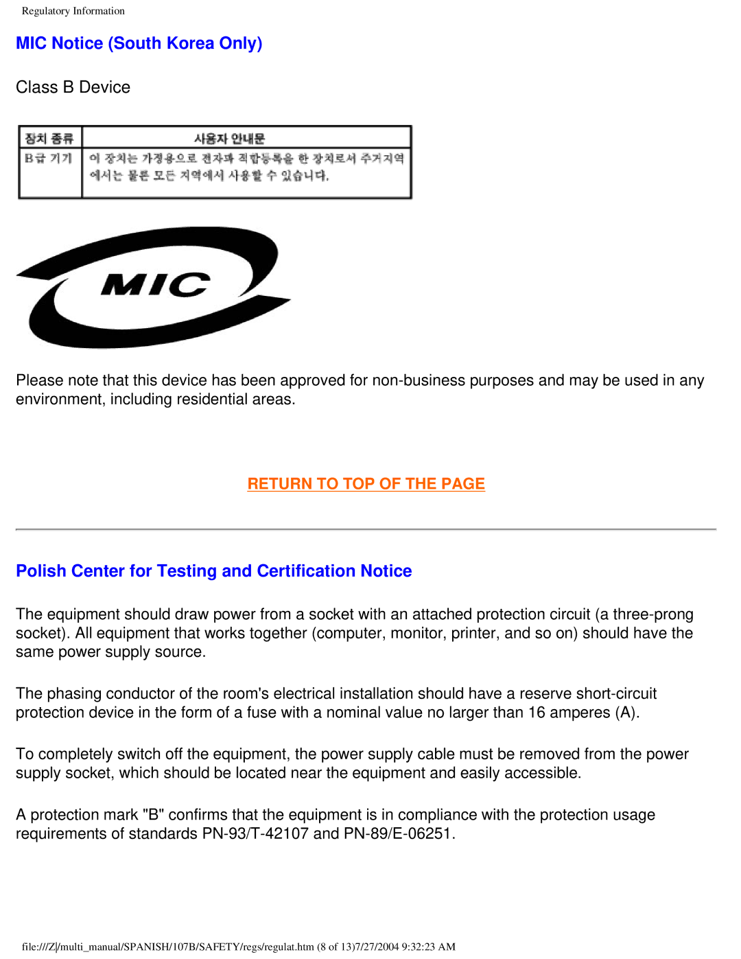 Philips 107B user manual MIC Notice South Korea Only, Polish Center for Testing and Certification Notice 