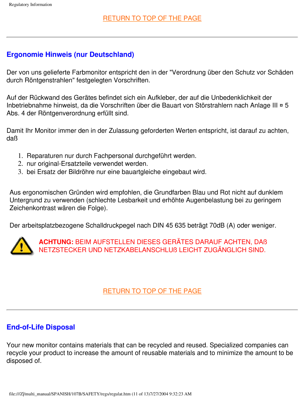 Philips 107B user manual Ergonomie Hinweis nur Deutschland, End-of-Life Disposal 