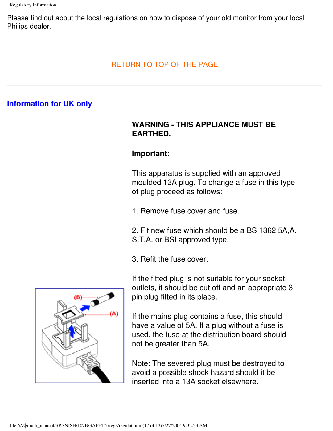 Philips 107B user manual Information for UK only, Earthed 