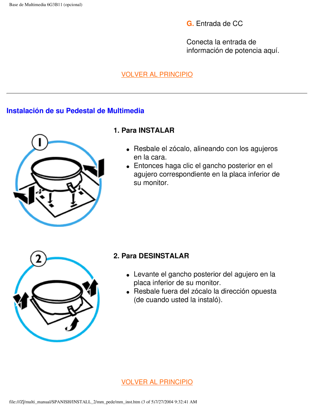 Philips 107B user manual Instalación de su Pedestal de Multimedia 