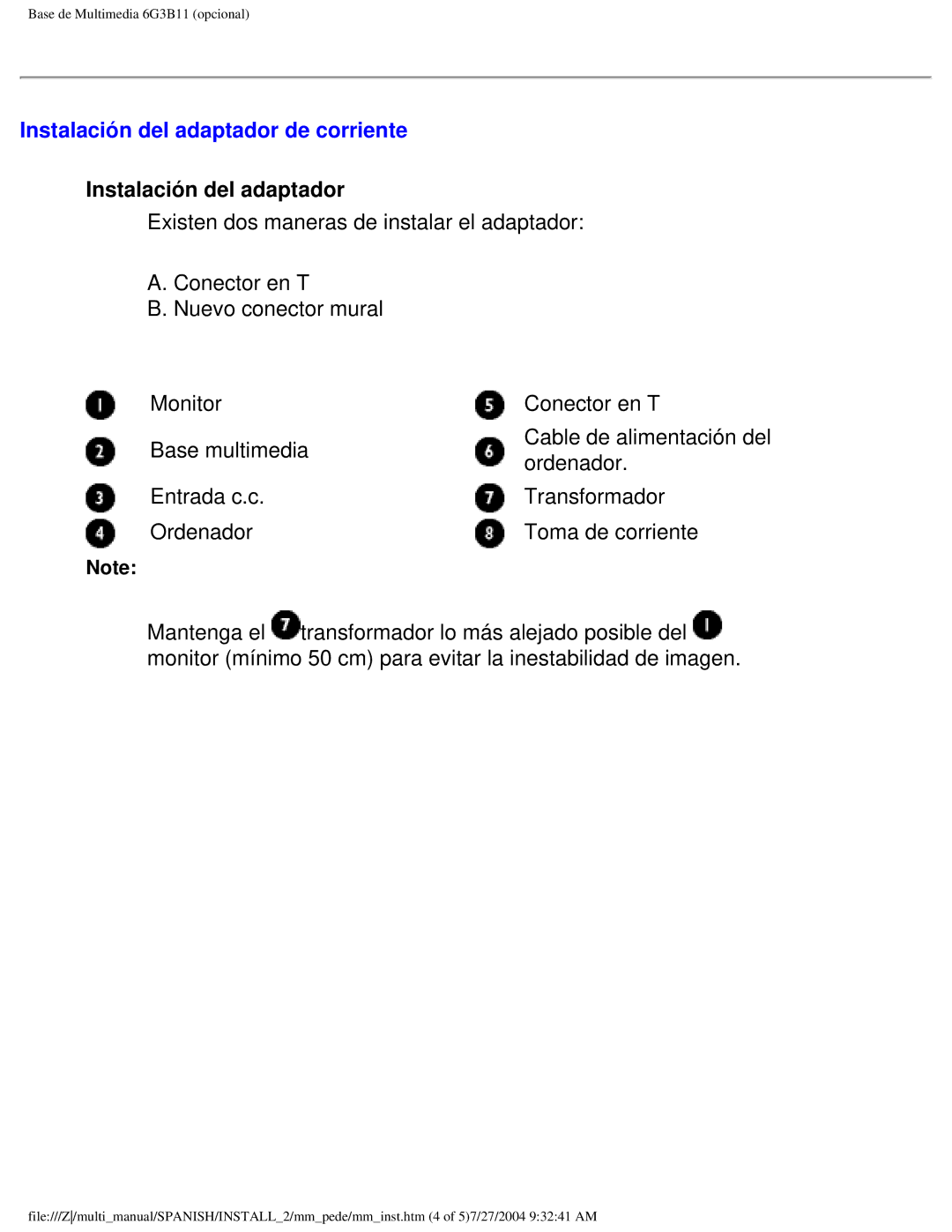 Philips 107B user manual Instalación del adaptador de corriente 